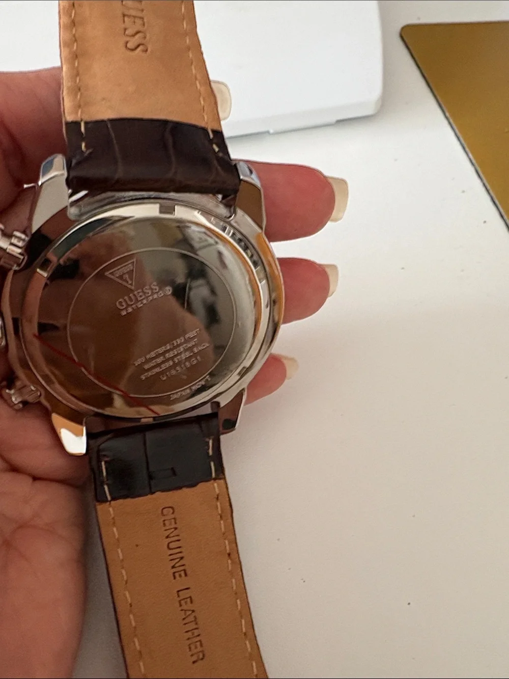 Guess Silver and Gold Chronograph Watch with Dark Brown Leather Strap